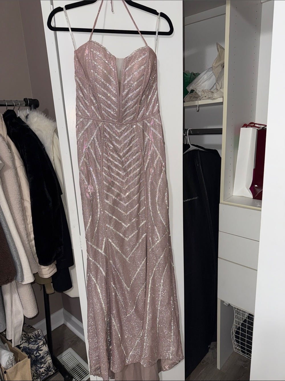 Rachel Allan Rose Gold Sequin Prom Dress - Sweetheart Halter Straps